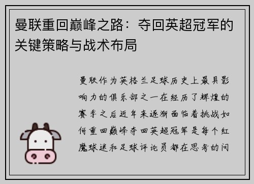 曼联重回巅峰之路：夺回英超冠军的关键策略与战术布局