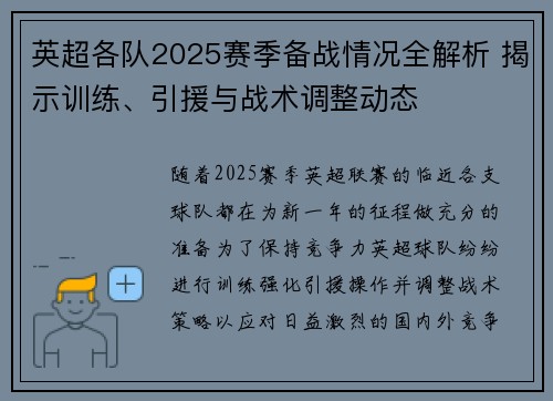 英超各队2025赛季备战情况全解析 揭示训练、引援与战术调整动态