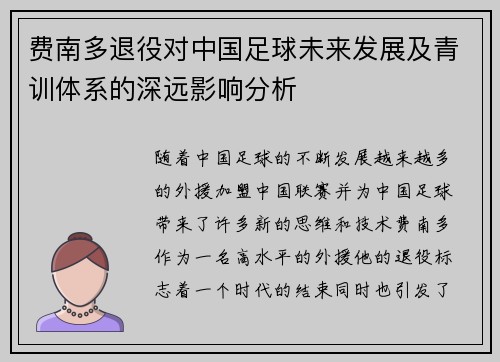 费南多退役对中国足球未来发展及青训体系的深远影响分析
